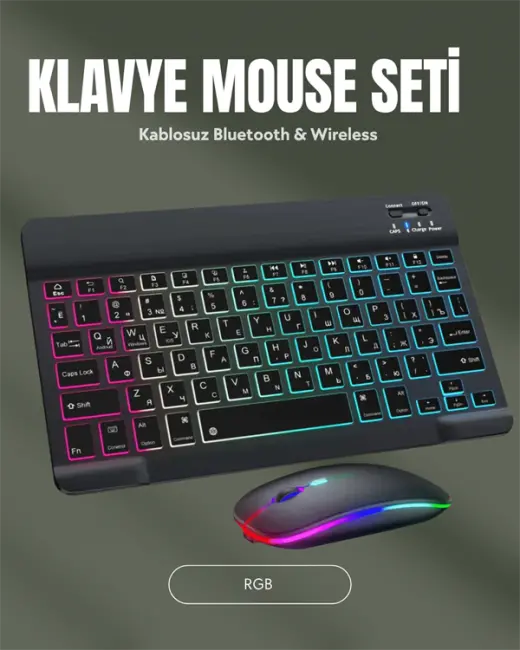 RGB Aydınlatmalı Şarjlı Kablosuz Klavye ve Mouse Seti – Modern ve Kompakt Tasarım