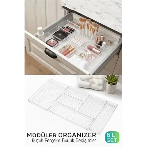 6 Parça Modüler Kristal Çekmece Düzenleyici Seti - Lüks Makyaj Takı ve Ofis Organizeri