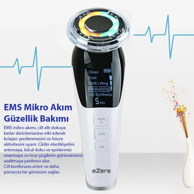 EZERE D818 Şarjlı Soğuk-Sıcak Kompresli Gerdirme Nemlendirme Kolajen Sentezli Ems Cilt Bakım Cihazı-(5775)