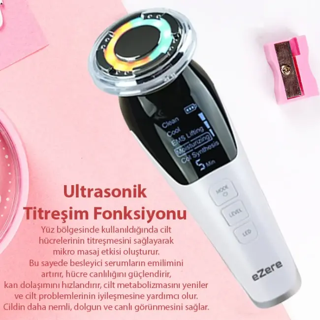 EZERE D818 Şarjlı Soğuk-Sıcak Kompresli Gerdirme Nemlendirme Kolajen Sentezli Ems Cilt Bakım Cihazı-(5775)
