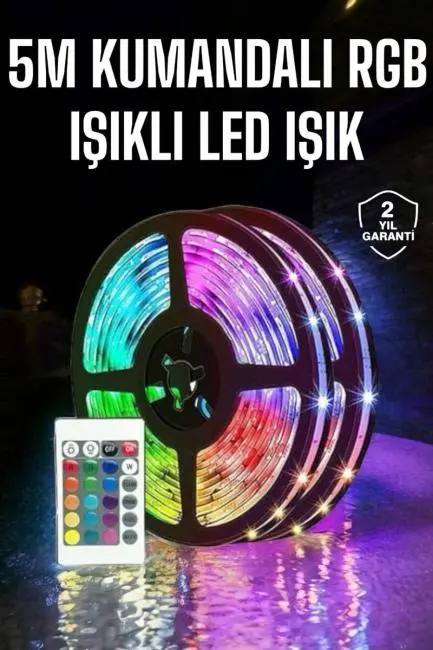 5 Metre Şerit Led RGB Işıklı Kumandalı Güç Adaptörü Her Ortama Uygun