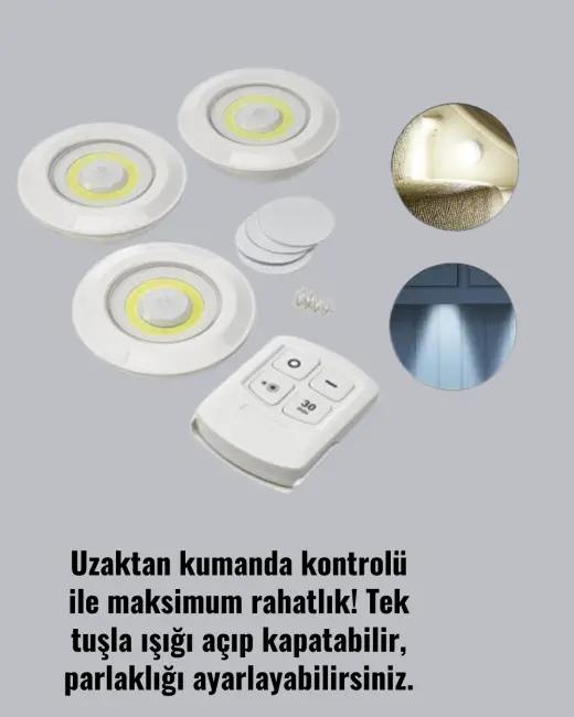 3 Lü Pilli Kablosuz Led Spot Lamba Seti Kumandalı Kolay Montaj Aydınlatma