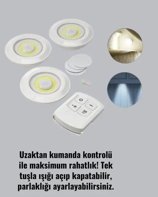 Kablosuz 3 Lü Spot Led Lamba Seti Uzaktan Kumandalı Enerji Tasarruflu Aydınlatma