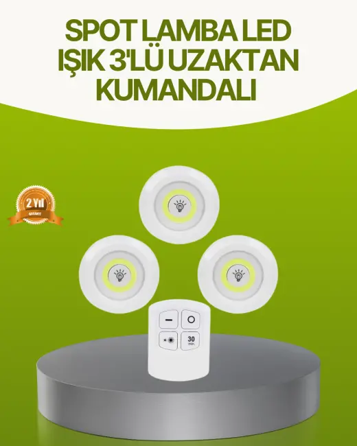Uzaktan Kumandalı 3 Lü Kablosuz Led Spot Lamba Seti Yapışkanlı Pratik Kullanım