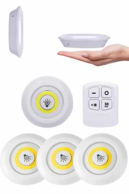 Yapışkanlı 3'lü Spot Led Işık Lamba Montajsız Pilli Uzaktan Kumandalı