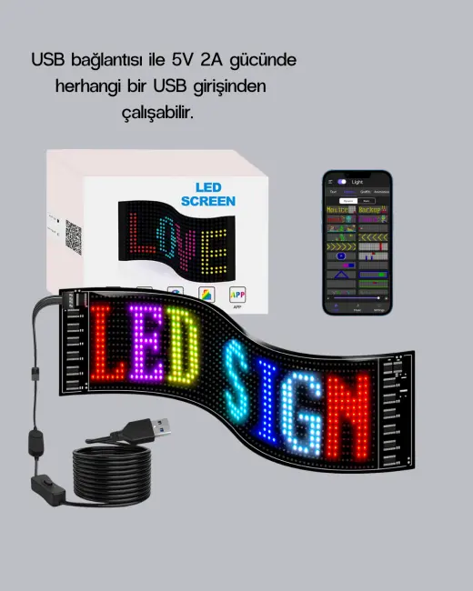 RGB LED Panel – Mobil Uyumlu Yazı ve GIF Destekli USB Bağlantılı Dekoratif Ekran
