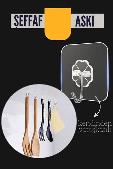 Şeffaf Yapışkanlı Askı, Mutfak Banyo Duvar Askısı, Çivisiz Pratik Kanca Seti