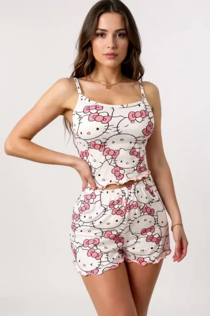 Hello Kitty Baskılı Askılı Şortlu Pijama Takımı