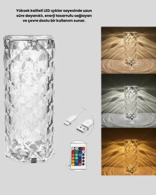 Kristal Tasarımlı RGB LED Gece Lambası – Kumandalı Renk Değiştiren Dekoratif Işık