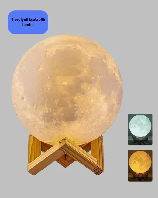 Ahşap Standlı 3D Baskı Ay Lambası 16 Renkli ve Şarjlı Uzaktan Kumandalı