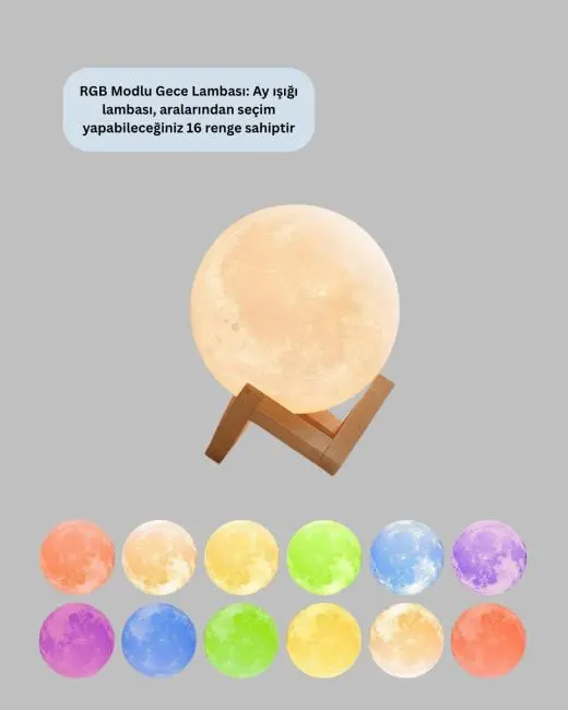 16 Renkli 3D Baskılı Ay Lambası Ahşap Standlı ve Uzaktan Kumandalı