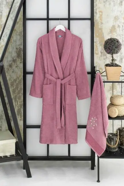 Kadın Havlulu Banyo Bornoz Takımı %100 Pamuklu Mürdüm