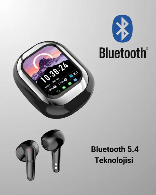 Akıllı Ekranlı Bluetooth 5.4 Kablosuz Kulaklık – Dokunmatik ve Şarj Kutulu