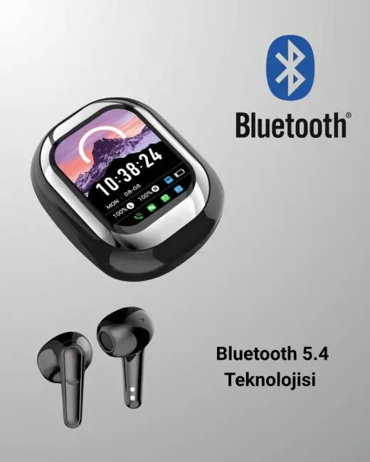 Akıllı Ekranlı Bluetooth 5.4 Kablosuz Kulaklık – Dokunmatik ve Şarj Kutulu