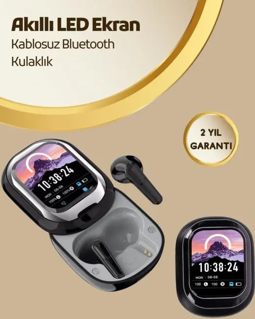 Akıllı Ekranlı Bluetooth 5.4 Kablosuz Kulaklık – Dokunmatik ve Şarj Kutulu