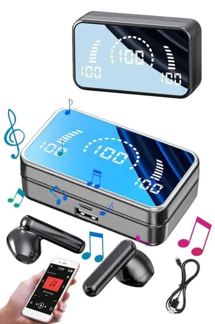 Yeni Nesil Kablosuz Kulaklık Aynalı Powerbank Özellikli Bluetooth Bağlantılı Dijital Göstergeli