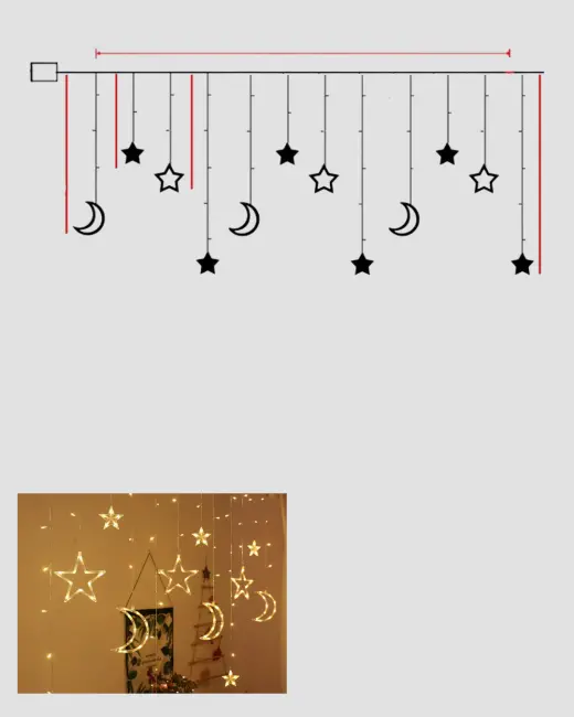 Yıldız ve Ay Figürlü Pilli Perde Led Romantik Dekoratif Işık