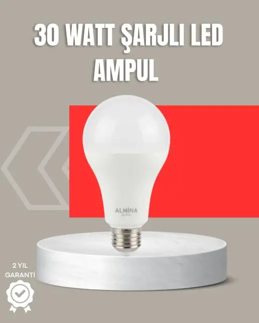 30W Şarjlı LED Ampul E27 Duy %80 Enerji Tasarruflu Soğuk Beyaz