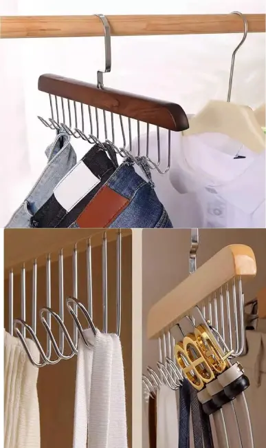 8 Kancalı Askı Çok Fonksiyonlu Ahşap Kemer Kravat Eşarp Dolap Askısı