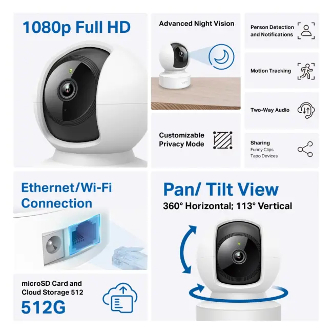 TP-LINK Tapo C202 Bebek/Ev Güvenlik Kamerası WiFi-Ehernet 1080P 12Mt Gece Görüşü PAN/TILT iki Yönlü Ses(1923)