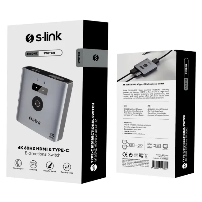 S-LINK SL-LU602C 2xHDMI 1Type-C 4K 60Hz Monitör Çoklayıcı (1PC-2Monitör veya 2PC- 1Monitör) Çift Yönlü Switch(1923)