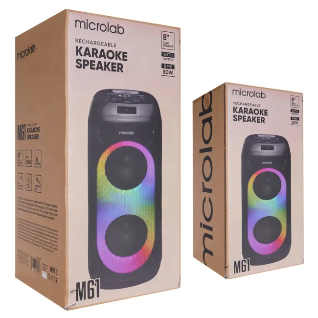 MICROLAB M61 80W Taşınabilir BT/USB/AUX/TF/TWS RGB Işıklı 2400mAh Batarya 2adet VHF Mikrofon Karaoke/Parti Bluetooth Speaker(1923)