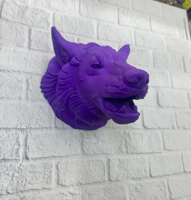 Mor Renk 3D Kurt Başı Duvar Dekoru Asılabilir Maskot Heykel 25x19 cm