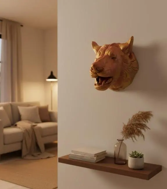 Dekoratif Altın Gold Kurt Duvar Heykeli Asılabilir Hediyelik 25x19 cm