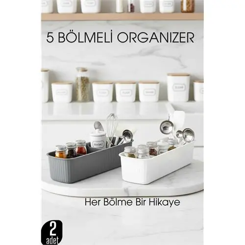 5 Bölmeli Mutfak Organizer Kutusu Gri & Beyaz 2’li Set  Baharat ve Gereç Düzenleyici