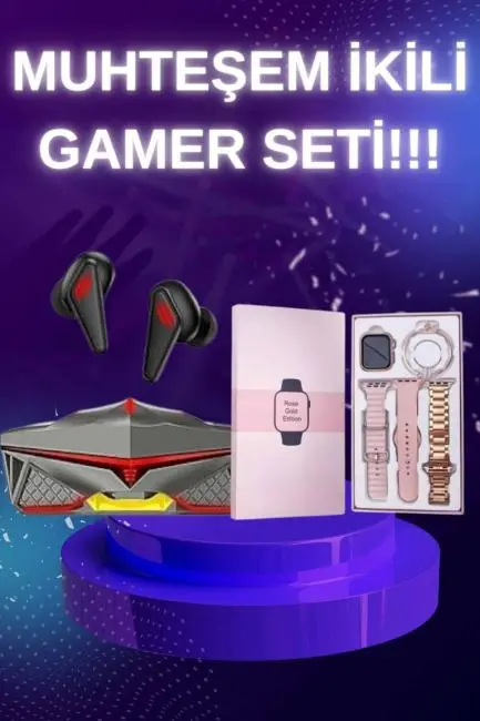 Yeni Nesil Pembe Dokunmatik Ekran Akıllı Saat ve Oyuncu Kulaklığı Kablosuz Bluetooth Kulaklık