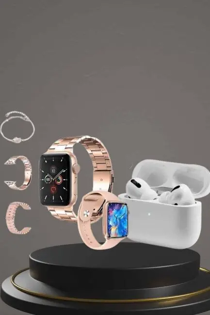 3 Kordonlu Pembe Amoled Ekran Akıllı Saat ve Yeni Nesil Pro Kablosuz Bluetooth Kulaklık ANC/ENC