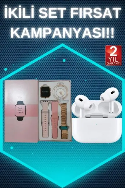 3 Kordonlu Pembe Amoled Ekran Akıllı Saat ve Yeni Nesil Pro Kablosuz Bluetooth Kulaklık ANC/ENC