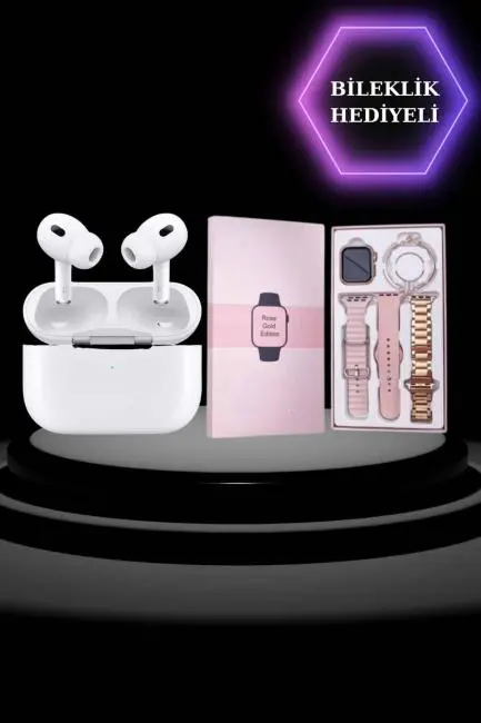 3 Kordonlu Pembe Amoled Ekran Akıllı Saat ve Yeni Nesil Pro Kablosuz Bluetooth Kulaklık ANC/ENC