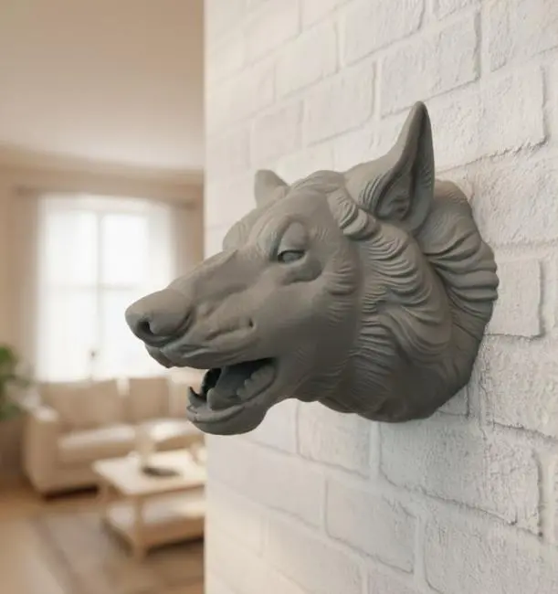 Asılabilir Gri Kurt Heykeli Ev Ofis Duvar Süslemesi Dekoratif
