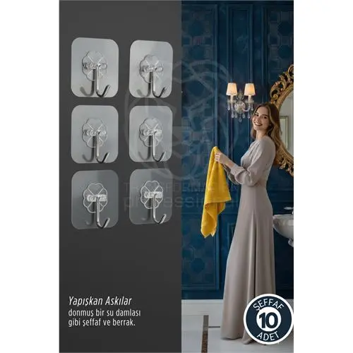 10\'lu Şeffaf Yapışkanlı Askı Mutfak Banyo Duvar Askısı Çivisiz Pratik Kanca Seti