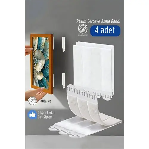 Güçlü Resim Çerçeve Asma Bandı 4\'lü Set - 6Kg Taşıma Kapasiteli Duvar Delmeyen Cırt Sistemi