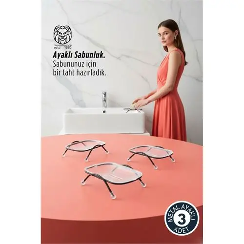 3 lü Ayaklı Sabunluk – Su Giderli Şeffaf Tasarım 12 x 9 cm Tezgah Üstü Kullanım