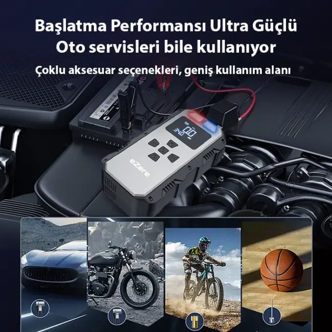 EZERE 4 in1 8000mAh Lastik Sisirme Pompası Ve Starter Akü Takviye Seti-(5775)