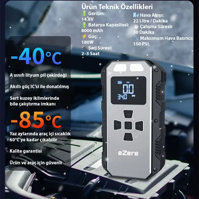 EZERE 4 in1 8000mAh Lastik Sisirme Pompası Ve Starter Akü Takviye Seti-(5775)
