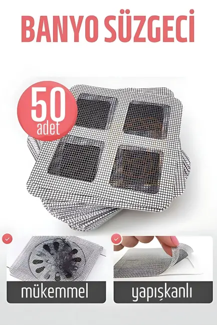 Banyo Gider Süzgeci 50 Adet Yapışkanlı Filtre, 10x10 Cm