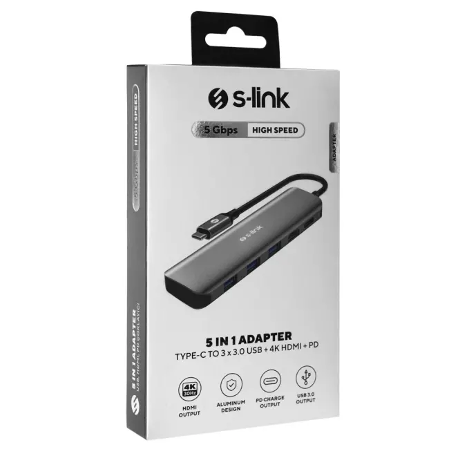 S-LINK SWV-USBC030 Type-C to HDMI 3xUSB3.0 1xPD Metal USB HUB ve Çevirici(1923)