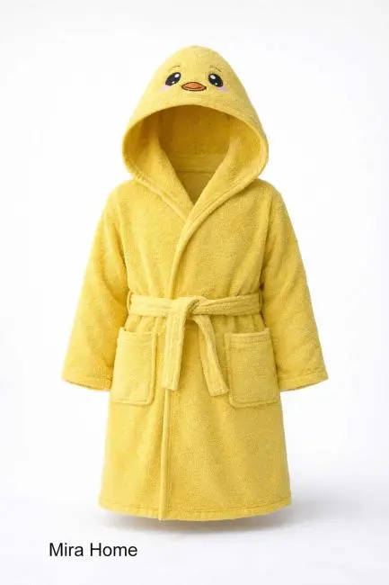 Civciv Figürlü Nakışlı Kapşonlu Çocuk Bornozu Pamuklu