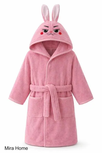 Pembe Tavşan Nakışlı Kulaklı Bebek ve Çocuk Bornozu