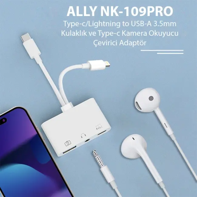 ALLY NK-109PRO Type-c/Lightning to USB-A 3.5mm Kulaklık ve Type-c Kamera Okuyucu Çevirici Adaptör-(5775)