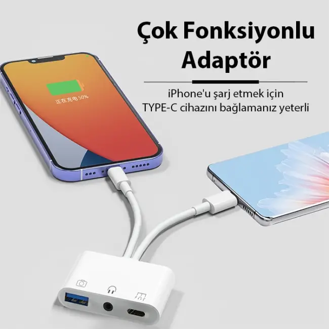 ALLY NK-109PRO Type-c/Lightning to USB-A 3.5mm Kulaklık ve Type-c Kamera Okuyucu Çevirici Adaptör-(5775)