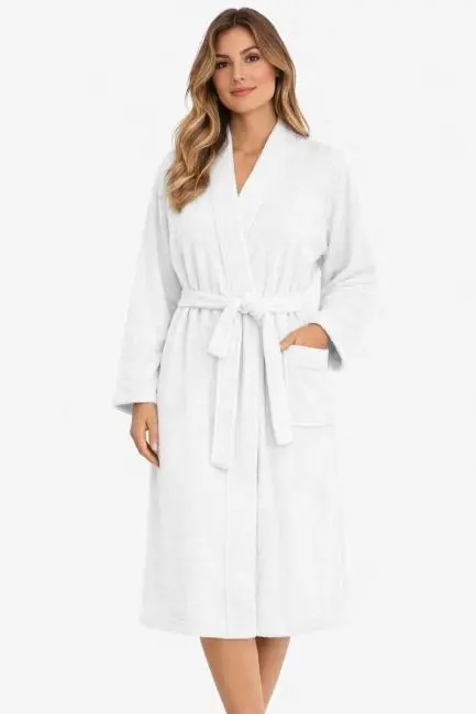 Kimono Yaka Unisex Pamuklu Tek Kişilik Bornoz Beyaz