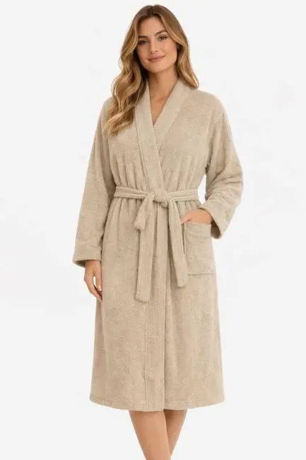 Kimono Yaka Unisex Pamuklu Tek Kişilik Bornoz Bej