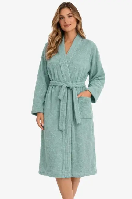 Kimono Yaka Unisex Pamuklu Tek Kişilik Bornoz  Yeşil