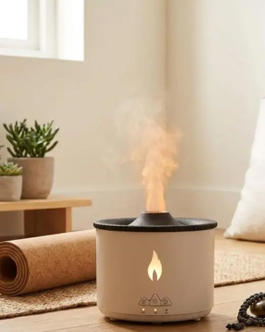 Aromaterapi Difüzörü Alev Efektli LED Işıklı Sessiz Hava Nemlendirici Otomatik Kapanma