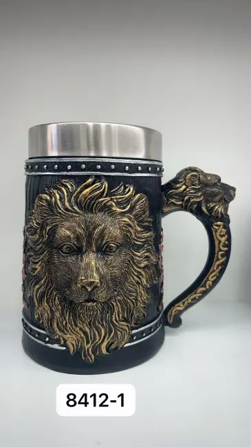 Büyük Boy Aslan Motifli Çelik Kupa Bardak Kod 8412-1